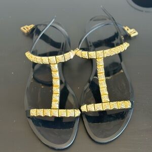 Stewart Weitzman black sandals with gold roses size 8